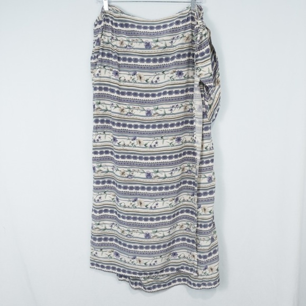 Bridgetown Collection Floral Stripe Silk Wrap Maxi Skirt‎ XL Cottagecore Retro